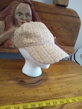 Womens Cream Tweed Baseball Cap with Gold Thread